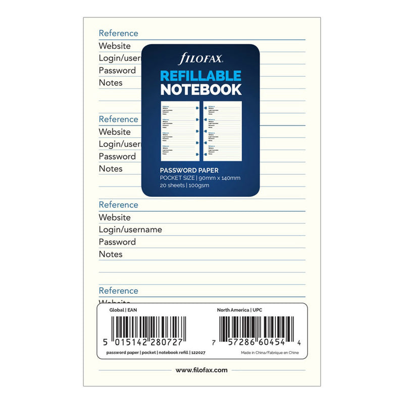 Filofax Pocket Password Paper Refill 20pk