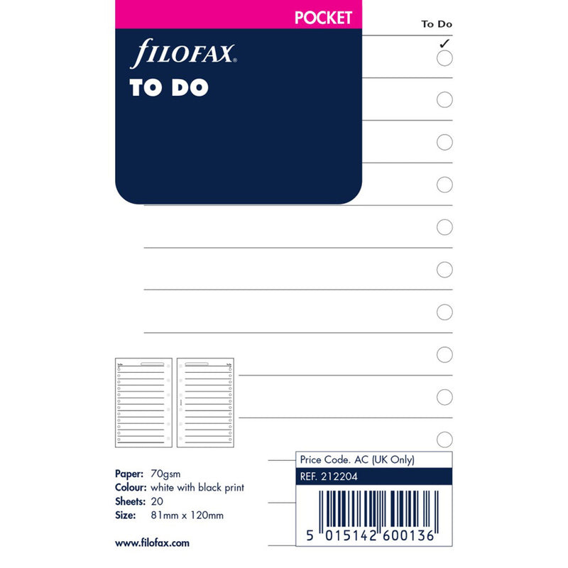 Filofax Pocket To Do Refill 20pk (White)