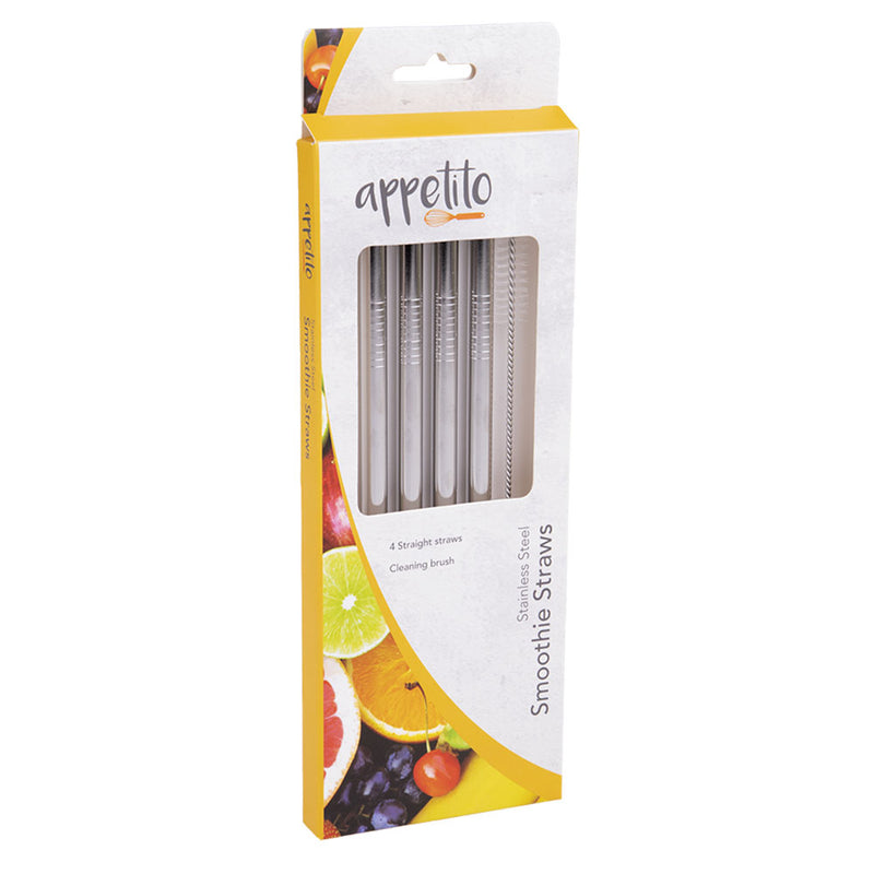 S/Steel Straight Smoothie Straws with Brush 4pcs